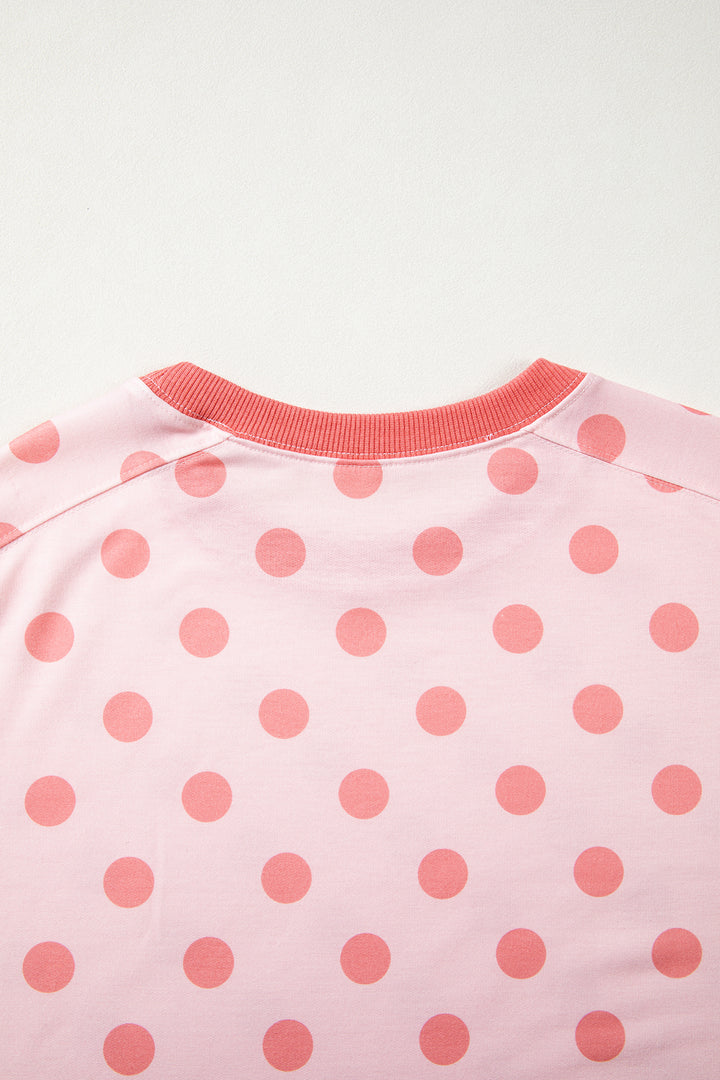 Pink Color Block Trim Polka Dot Casual Tee