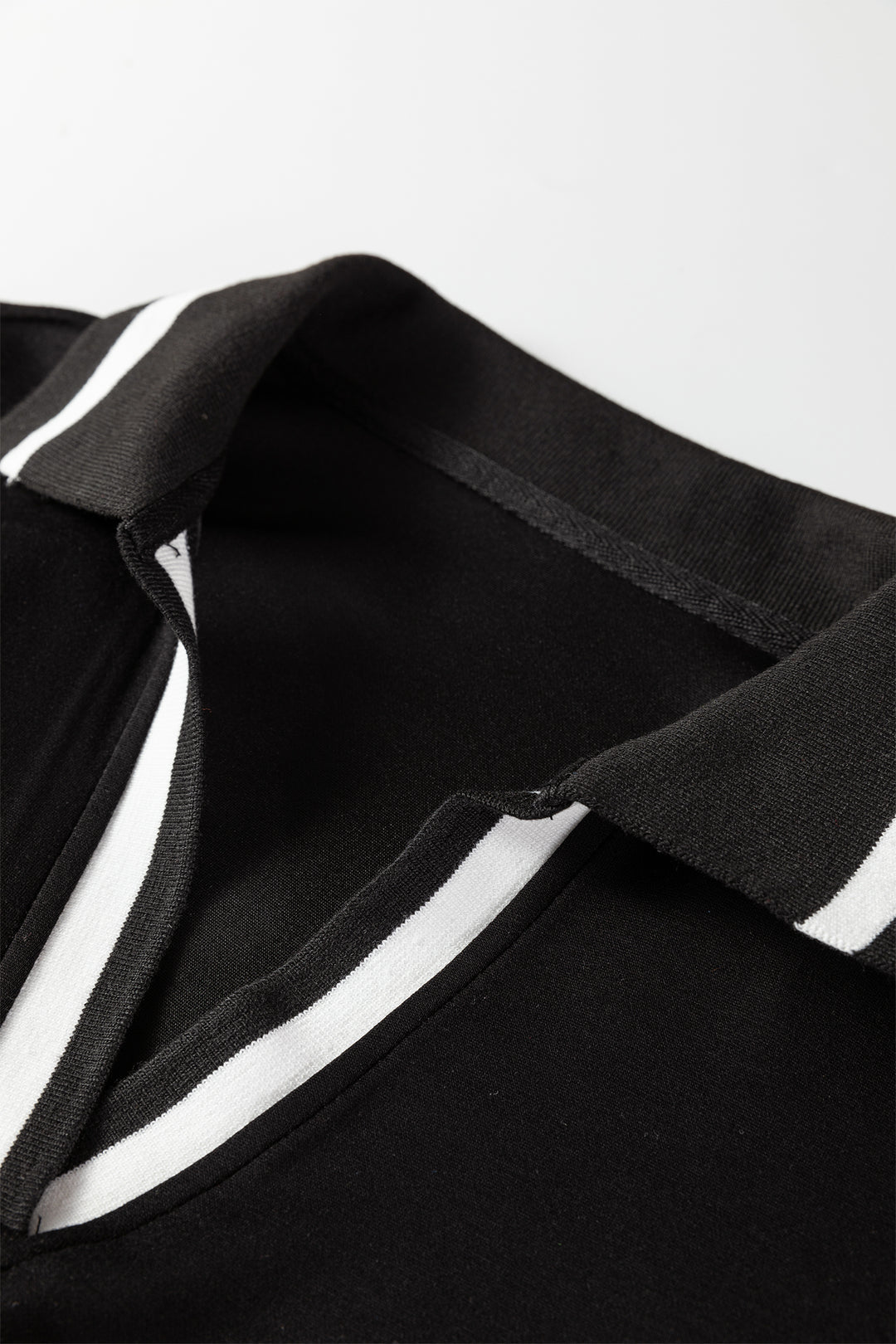 Black Striped Trim V Neck Collared Long Sleeve Shift Mini Dress
