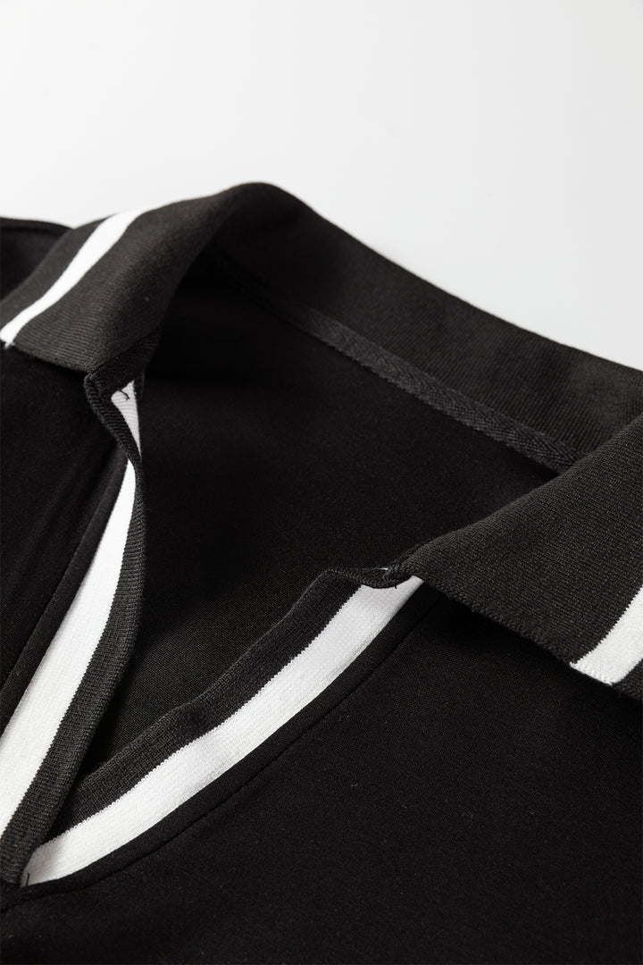 Black Striped Trim V Neck Collared Long Sleeve Shift Mini Dress