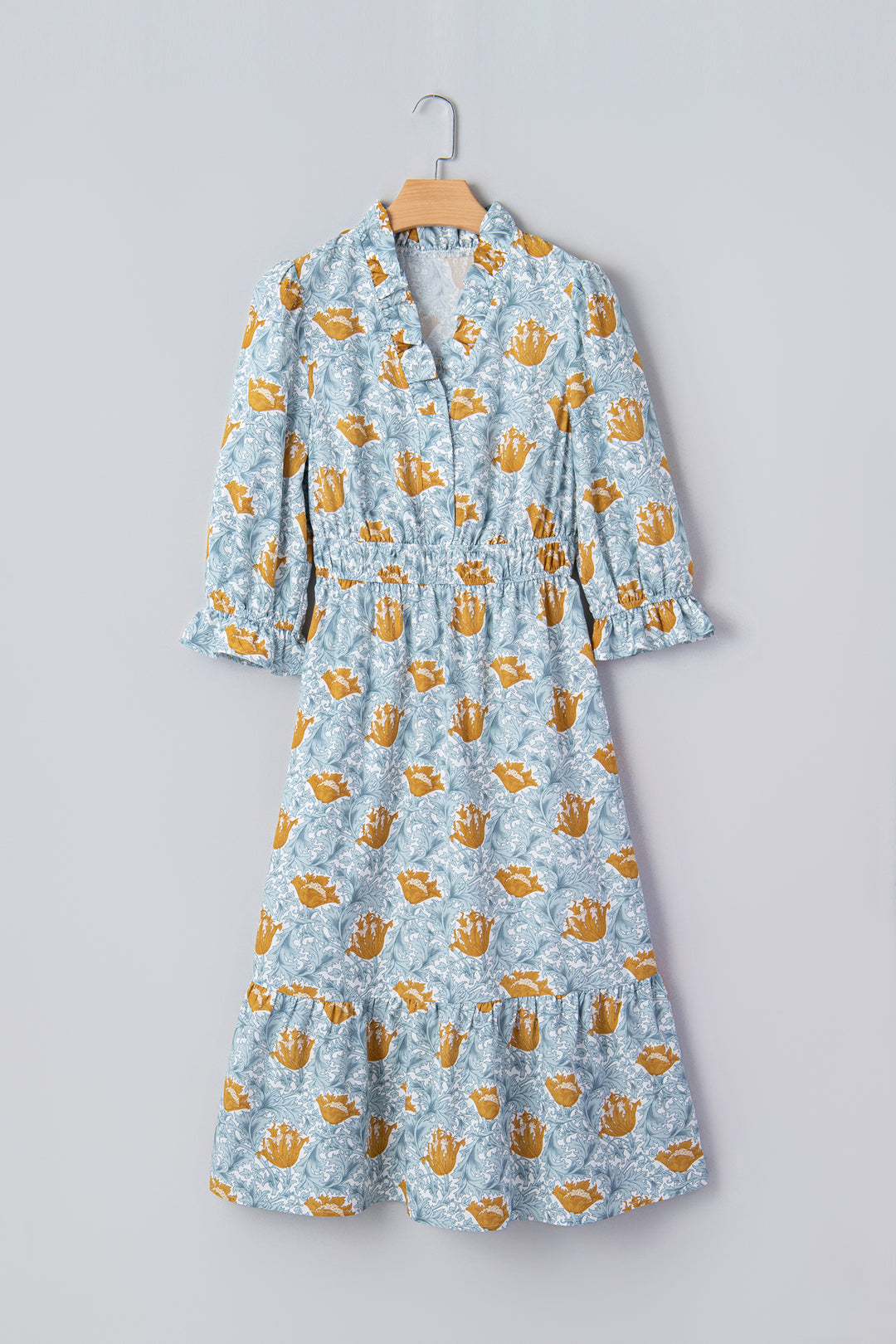 Floral Printed Frilled V Neck Bracelet Sleeve Long Dress