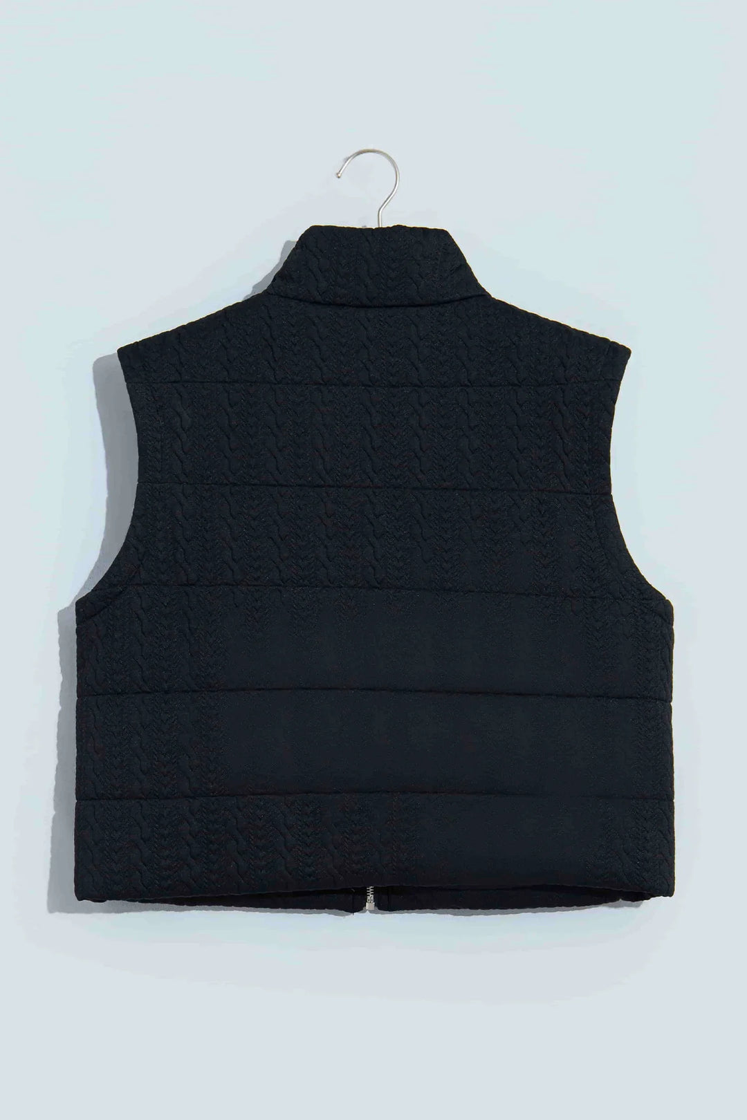 Black Textured Quilted Stand Neck Zipper Winter Vest