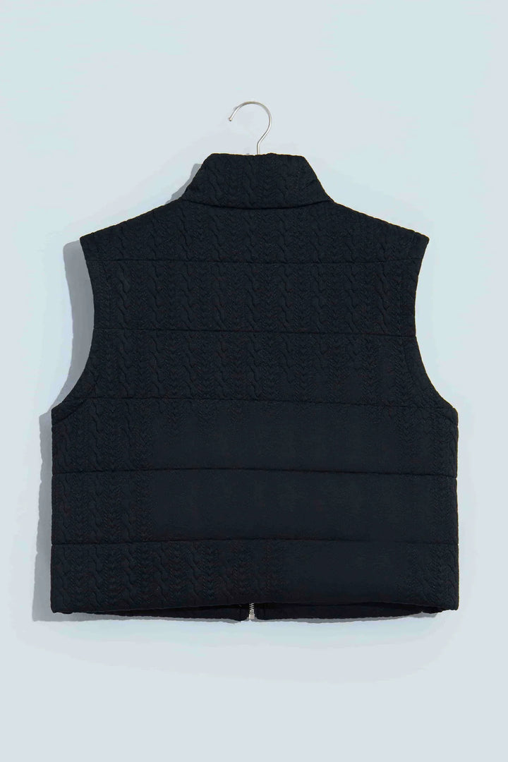 Black Textured Quilted Stand Neck Zipper Winter Vest