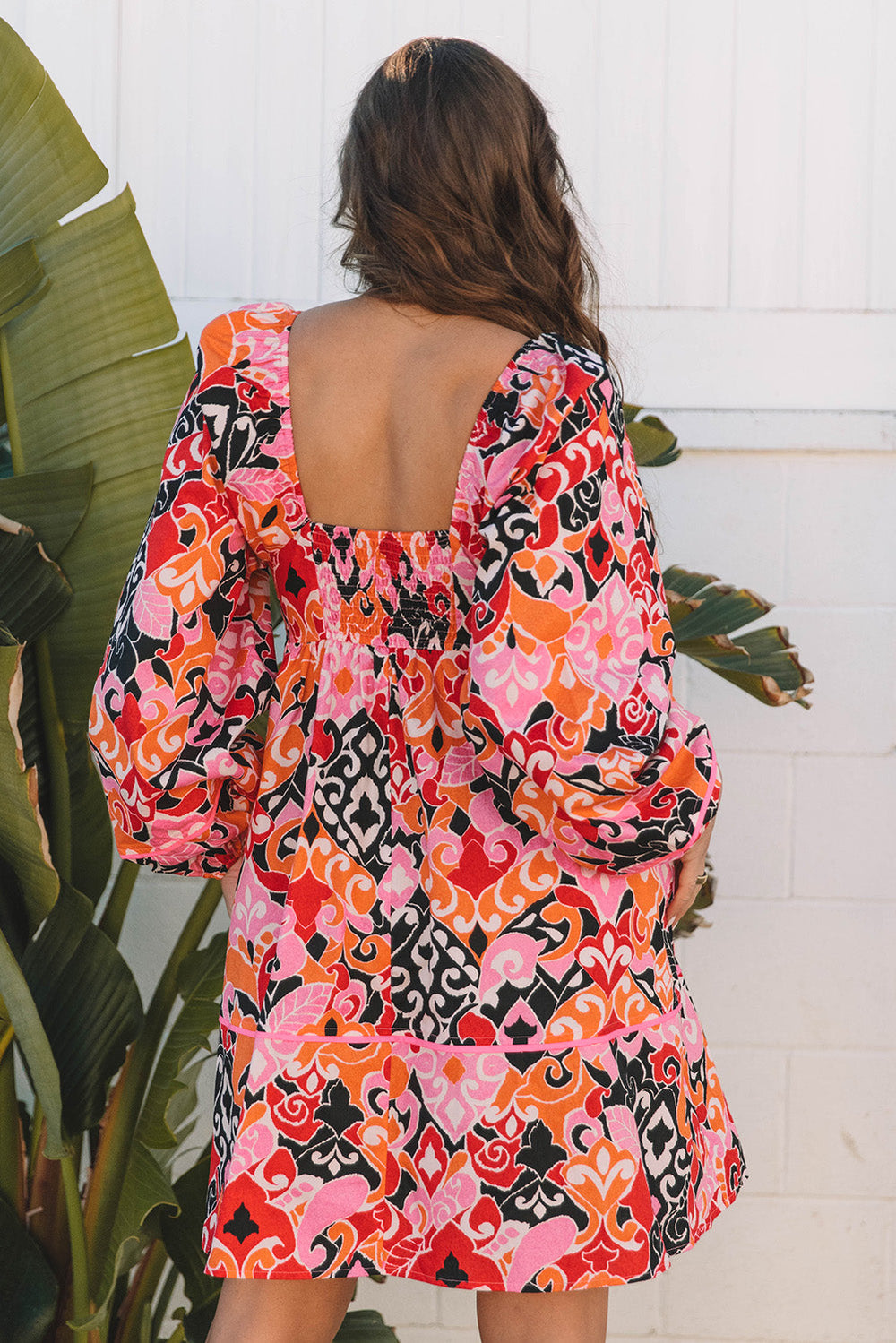 Bohemian Square Neck Puff Sleeve Mini Dress