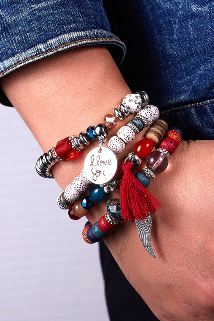 4pcs Wing Shape Tassel Pendant Beaded Bracelet Set