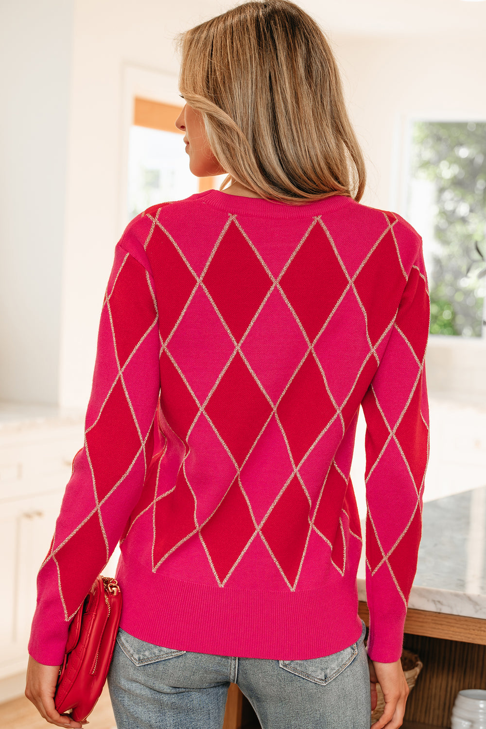 Glitter Rhombus Pattern Knit Womens Casual Sweater