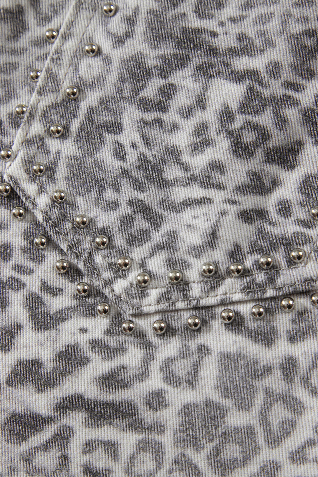 Khaki Leopard Print Studded Collar Studded Patch Pocket Denim Jacket