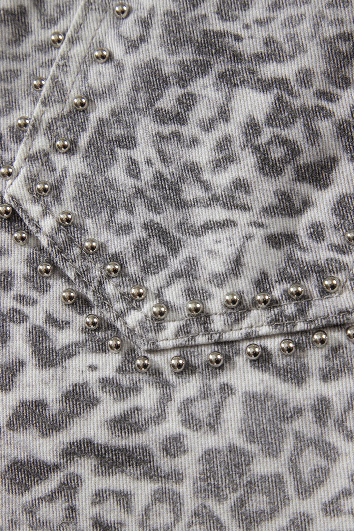 Khaki Leopard Print Studded Collar Studded Patch Pocket Denim Jacket