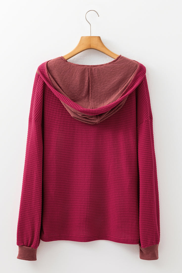 Red Waffle Patchwork Drop Shoulder Hooded Long Sleeve Top