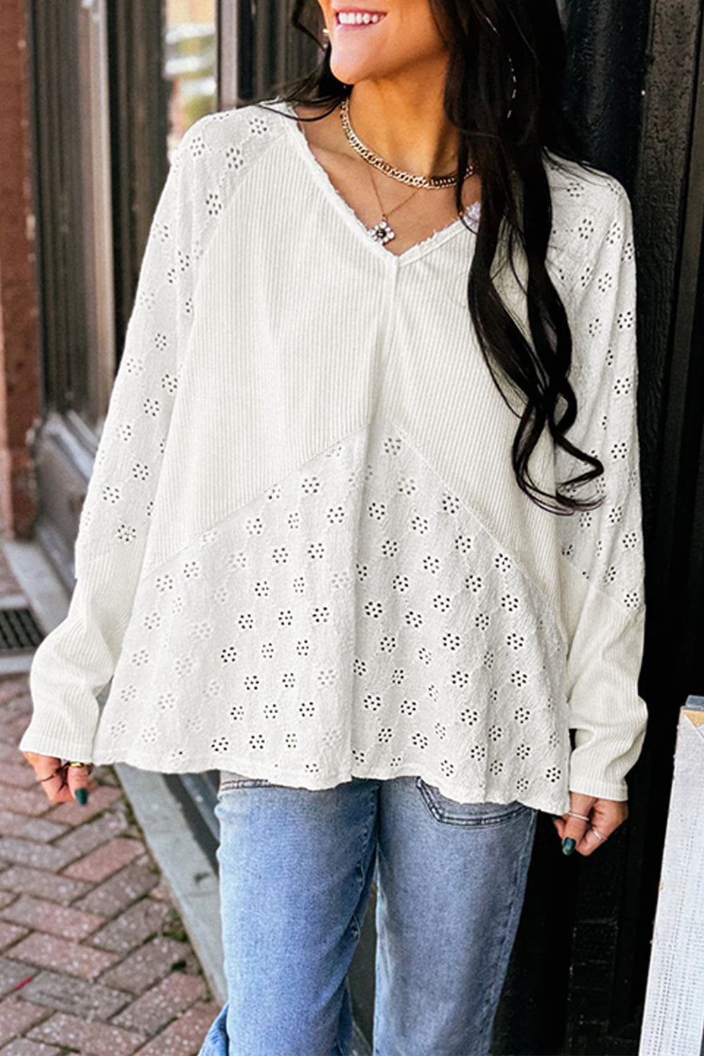 Twisted Rib Patchwork Embroidered Loose V Neck Long Sleeve Top