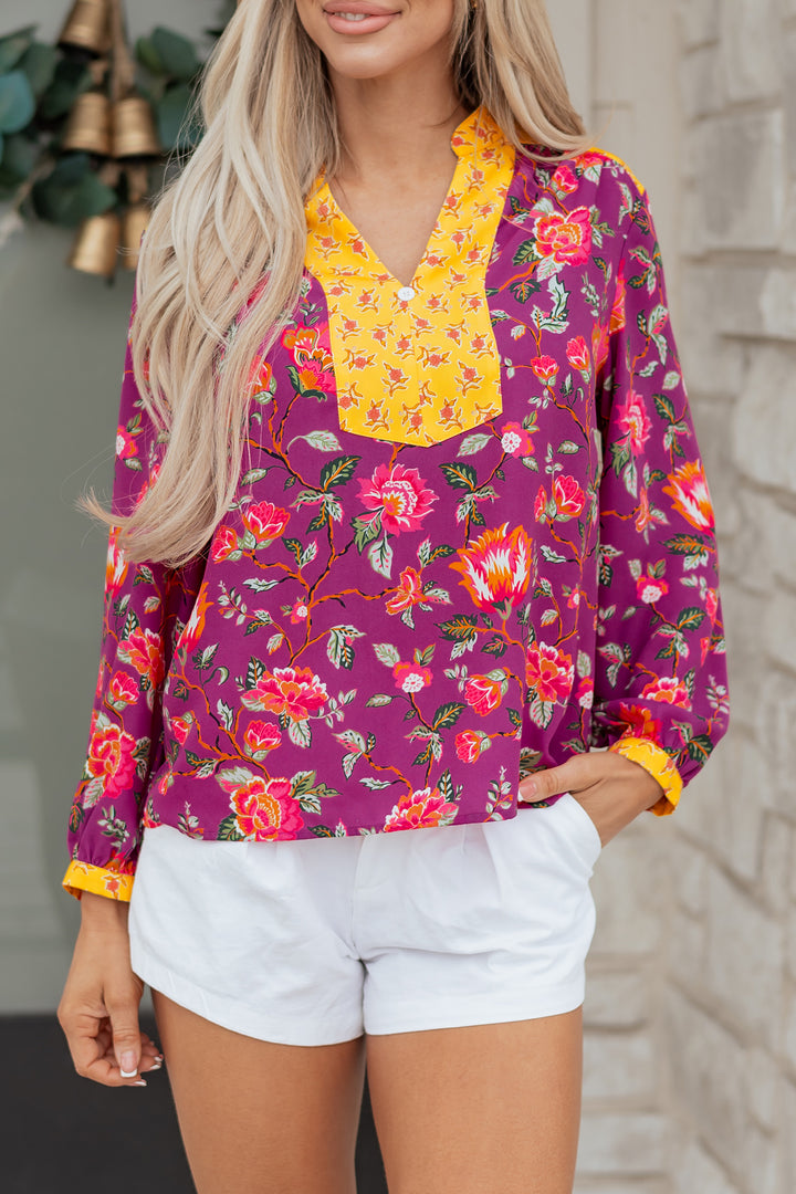 Contrast Placket Split V Neck Floral Blouse