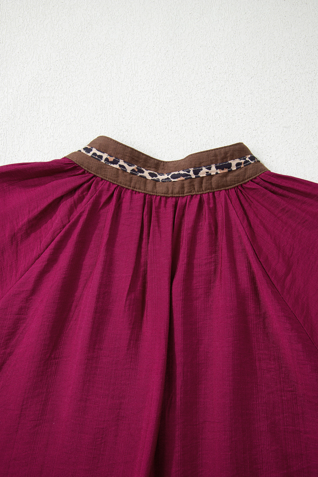 Leopard Trim V Neck Flounced Bracelet Sleeve Blouse