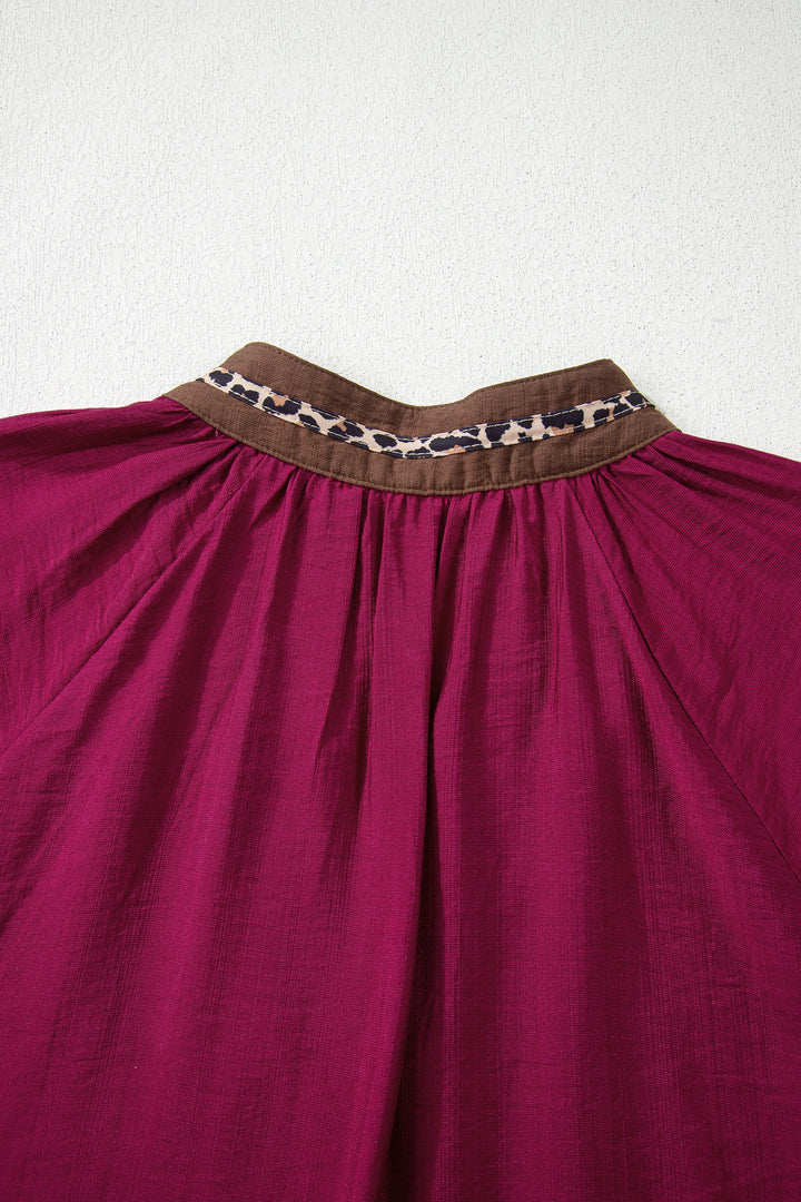 Leopard Trim V Neck Flounced Bracelet Sleeve Blouse