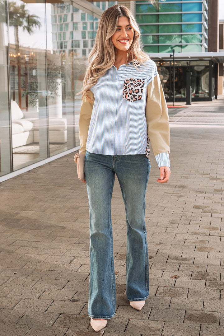 Colorblock Leopard Patchwork Chest Pocket Cuffed Sleeve Shirt
