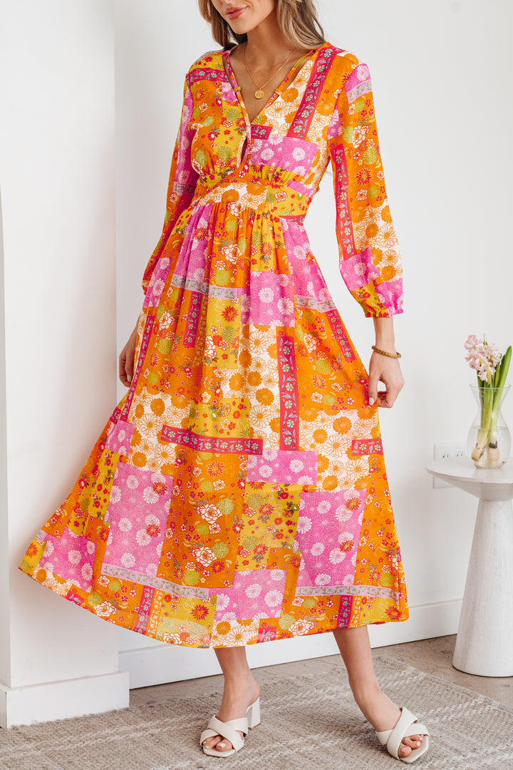 Orange Floral Print Cut out Tied Back Bracelet Sleeve Maxi Dress