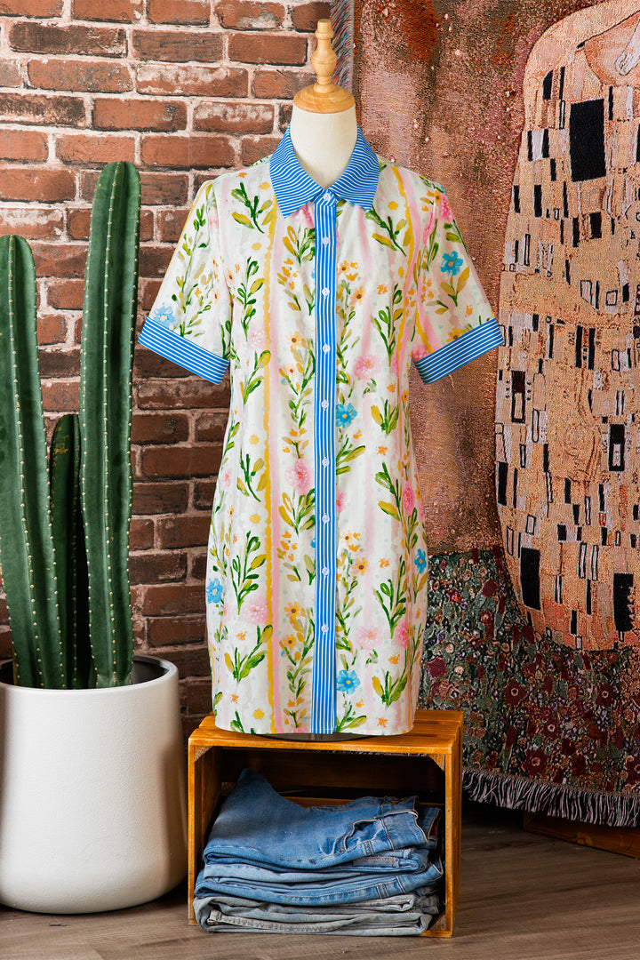Chic Multicolour Floral Print Striped Trim Button Down Shift Dress