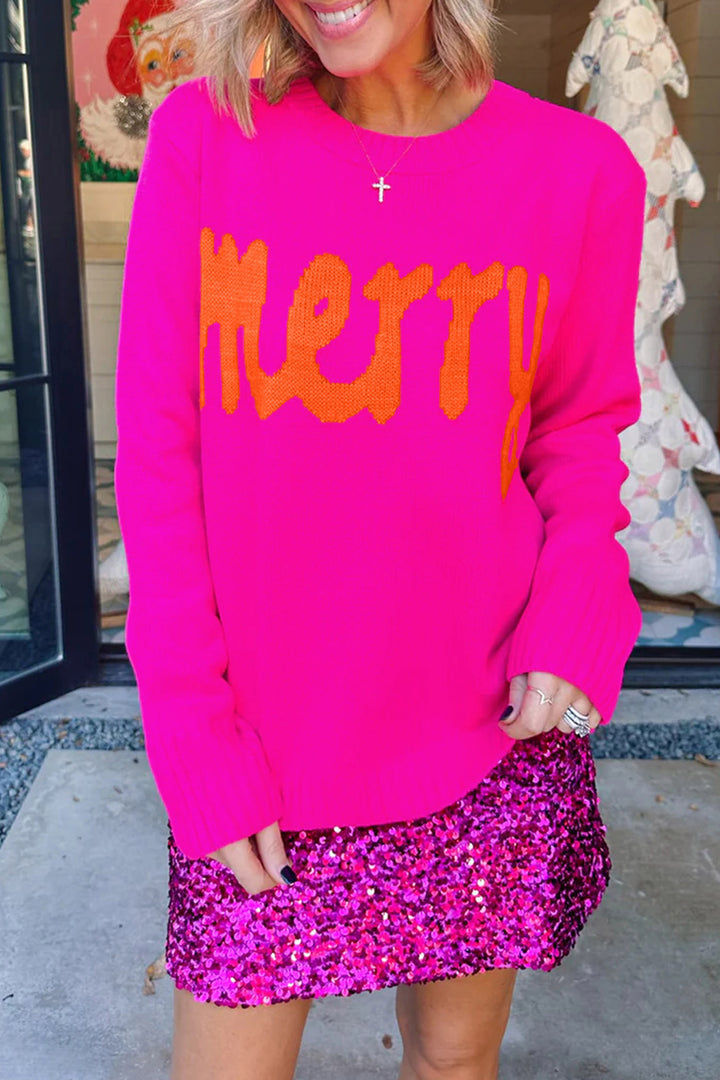 Rose Red Merry Print Ribbed Trim Round Neck Loose Fit Sweater