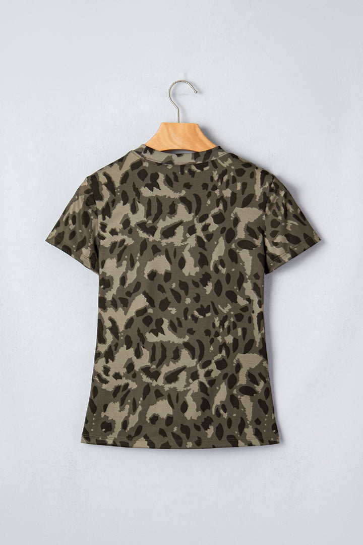 Casual Retro Leopard Print Mock Neck Slim Tee