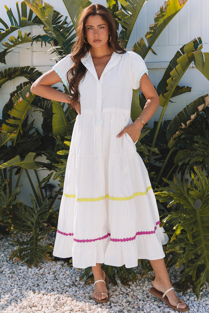 Colorblock Rickrack Trim Short Sleeve Drawstring Waist Long Dress