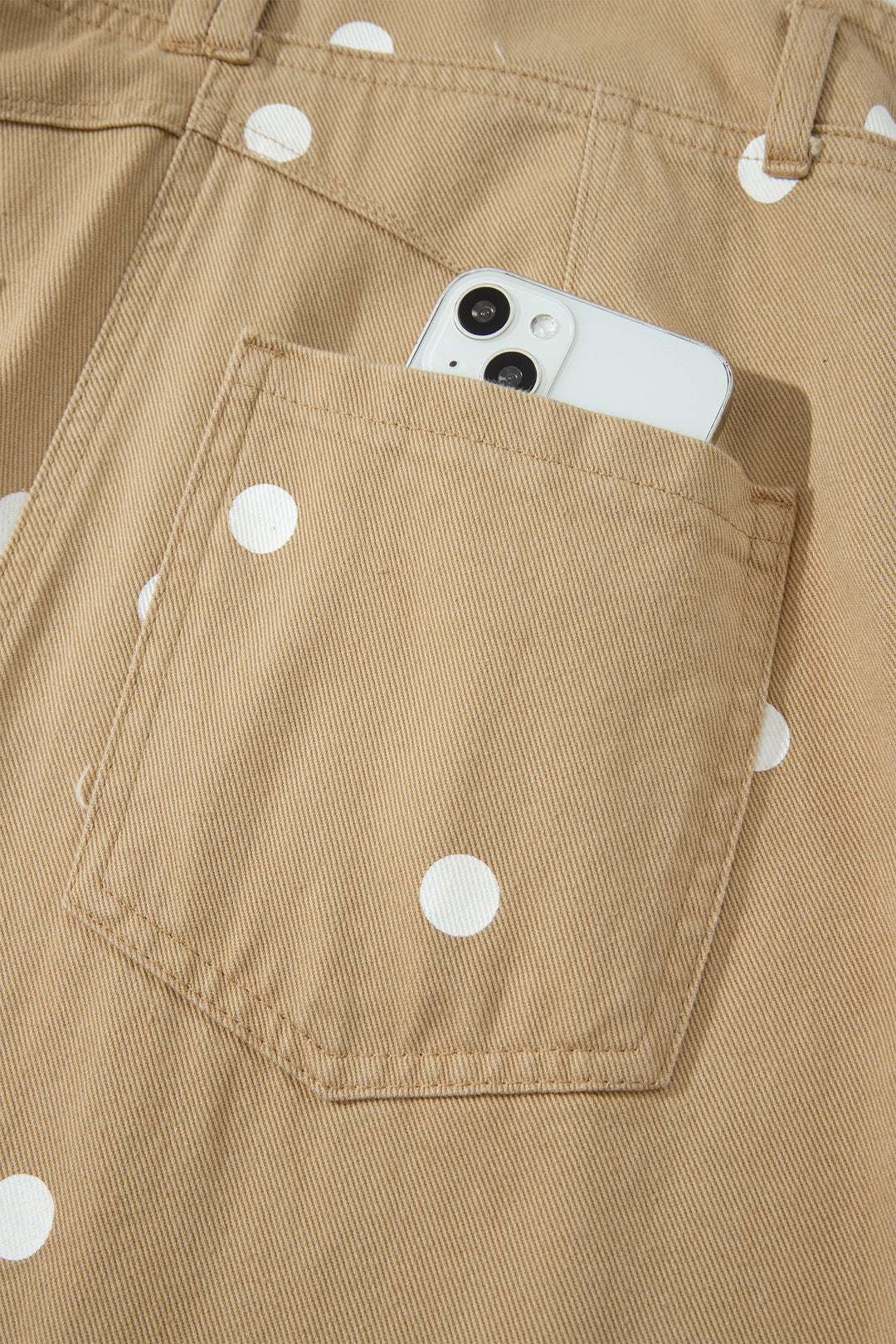 Light French Beige Polka Dot Print Bib Pocket Denim Barrel Overalls Jumpsuit