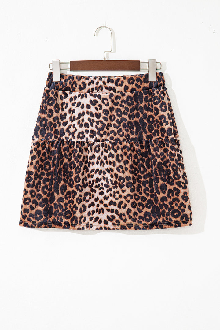 Fashion Brown Leopard Tiered Patchwork Hot Mini Skirt