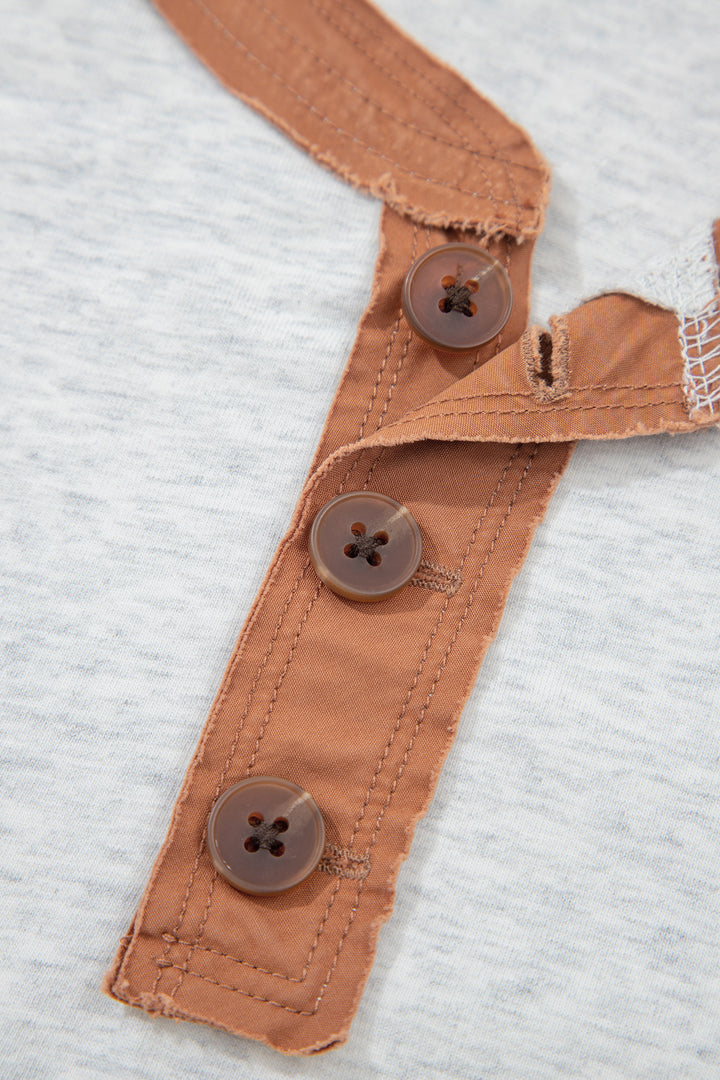 Light Grey Raw Seam Color Block Detail Buttoned Henley Tee