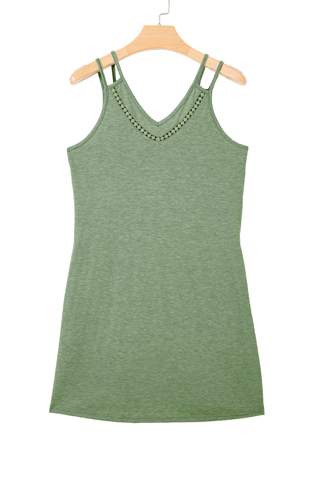 Grass Green Solid Color Lace Detail V Neck Sleeveless Shift Mini Dress