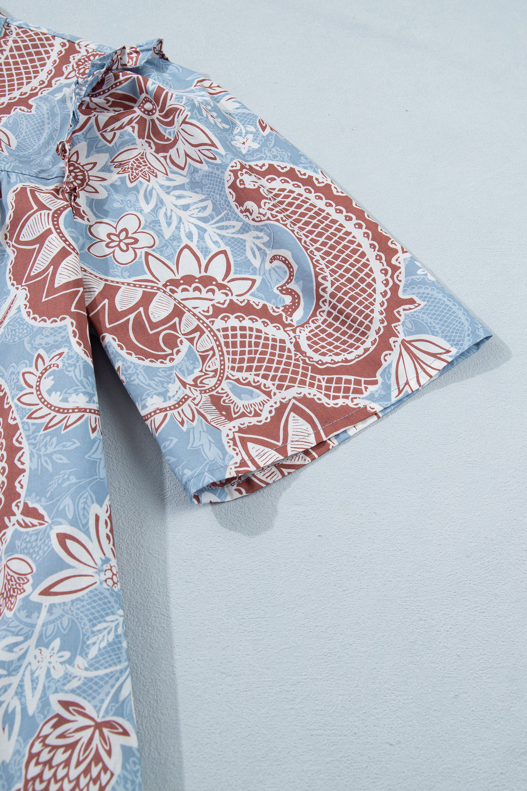 Sky Blue Boho Floral Print Short Sleeve Shirt
