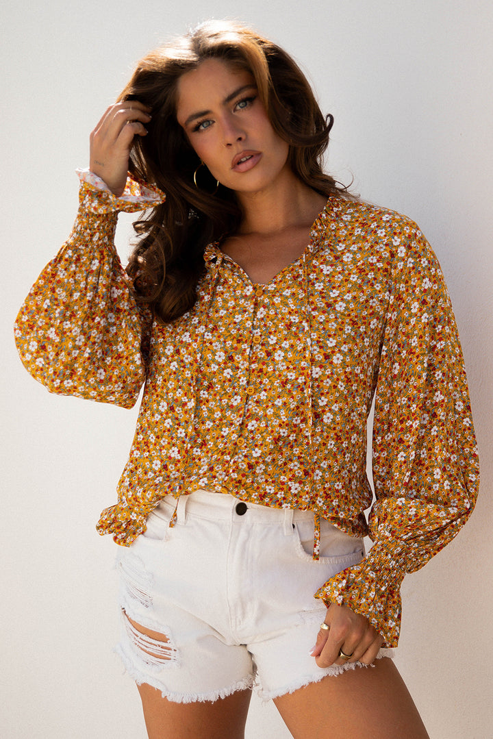 Boho Floral Ruffled Bubble Sleeve V Neck Fall Blouse