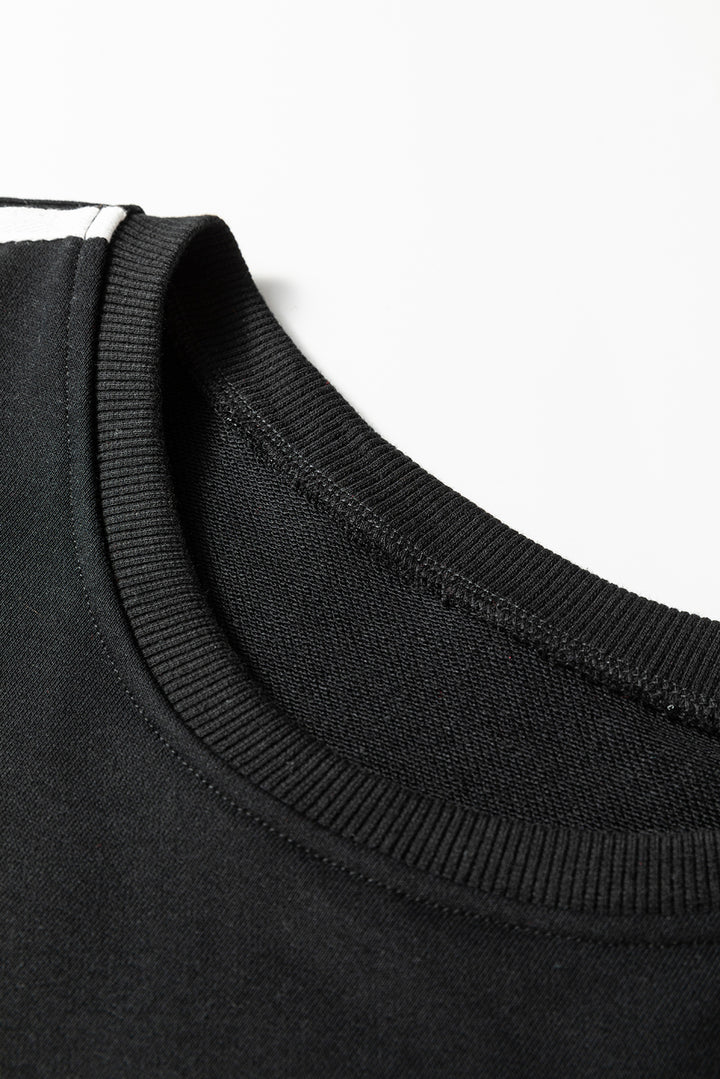 Black Varsity Striped Detail Crewneck Pullover Elastic Sweatpants 2pcs Outfit