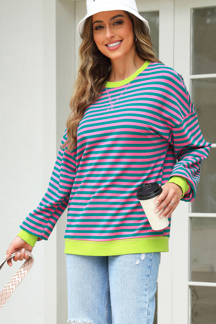 Contrast Ribbed Trim Crossed Stitch Drop Shoulder Sweatshirt