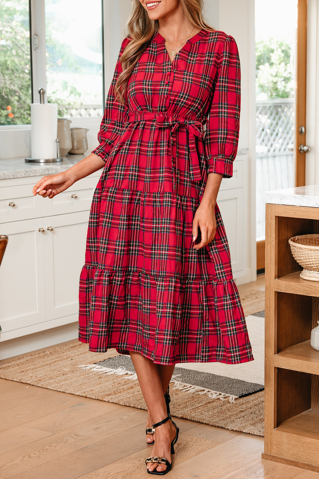 Christmas Plaid V Neck 3/4 Sleeve Tie Waist Ruffle Hem Long Dress
