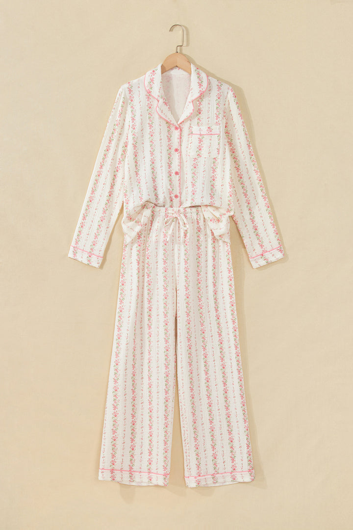 Pink Floral Print Long Sleeve Button Front Shirt Pajama Pant Set