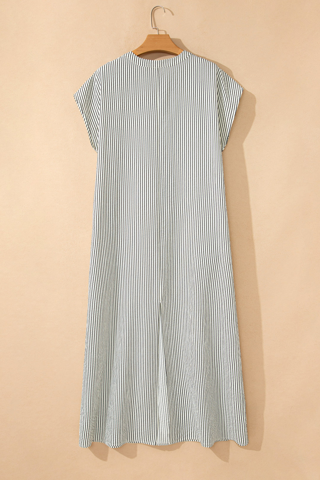 Black Stripe Frilled Detail Half Buttons Short Sleeve Long Dress
