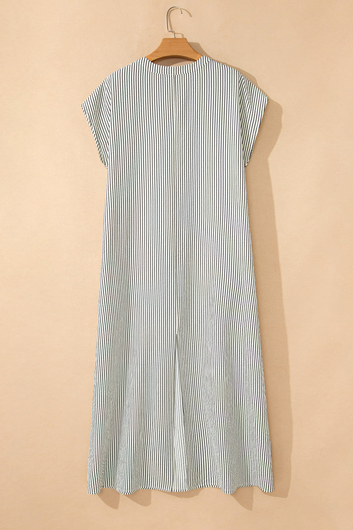 Black Stripe Frilled Detail Half Buttons Short Sleeve Long Dress
