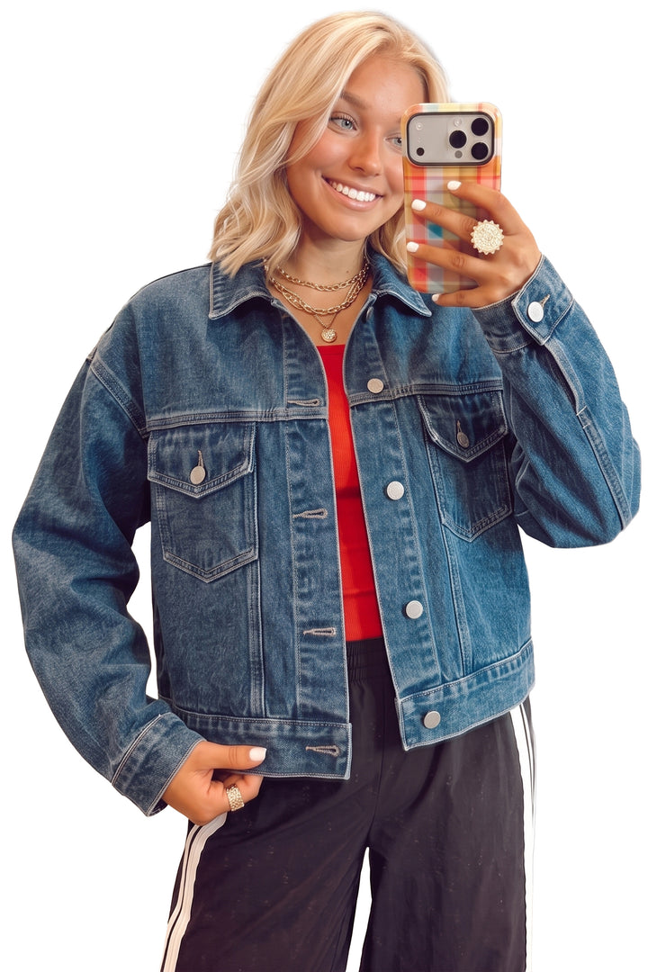 Navy Blue Vintage Button Flap Pocket Casual Denim Jacket