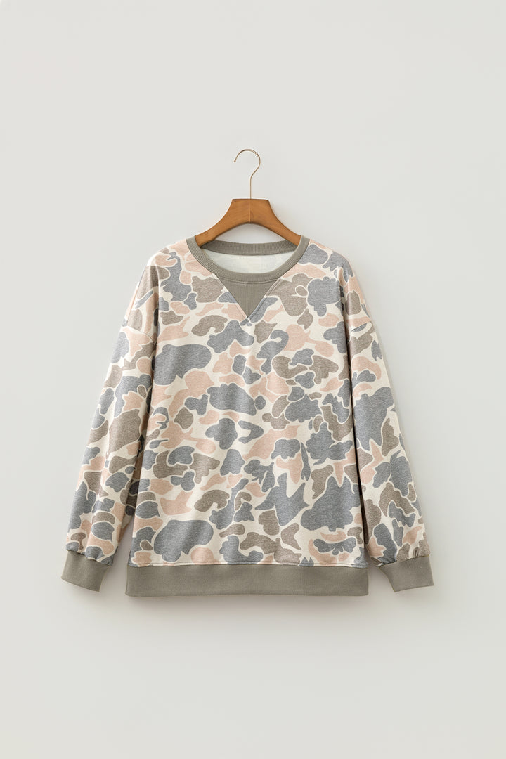 Multicolour Camo Print Ribbed Trim Casual Pullover Sweatshirt