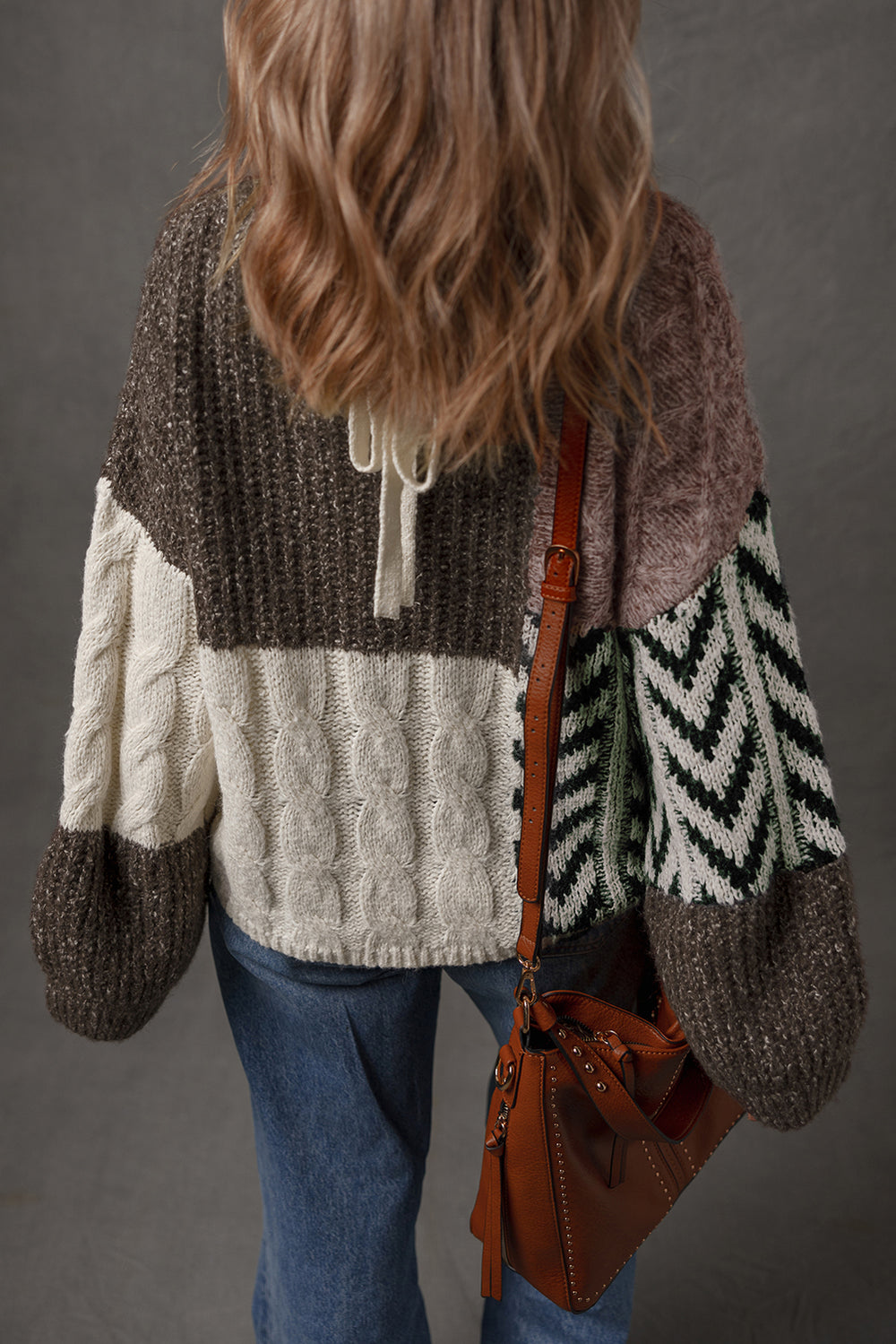 Color Block Patchwork Knotted Back Loose Fit Sweater