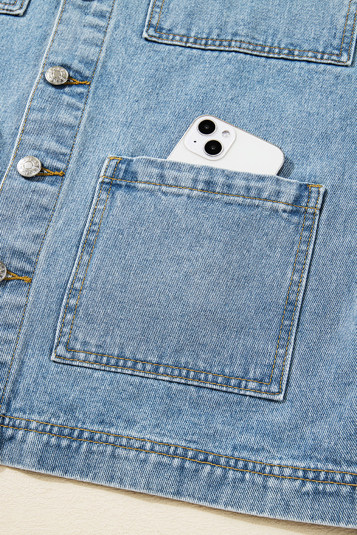 Multi Patched Pockets Side Tie up Boyfriend Style Denim Jacket