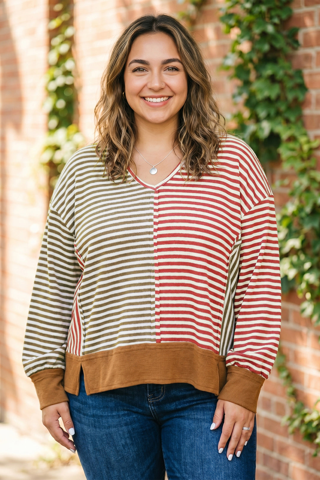 Brown Stripe Striped Oversized Long Sleeve Plus Size Blouse