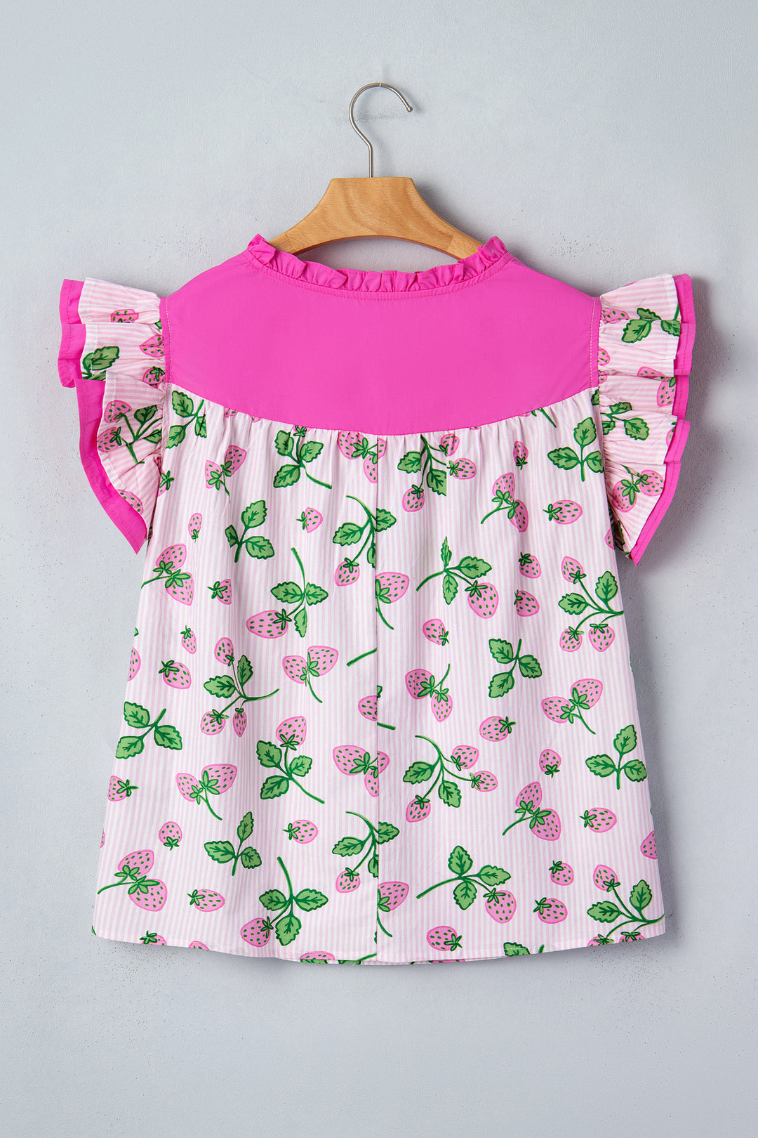 Striped Strawberry Printed Color Block Patchwork V Neck Flutter Sleeve Blouse