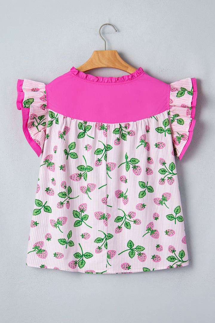 Striped Strawberry Printed Color Block Patchwork V Neck Flutter Sleeve Blouse