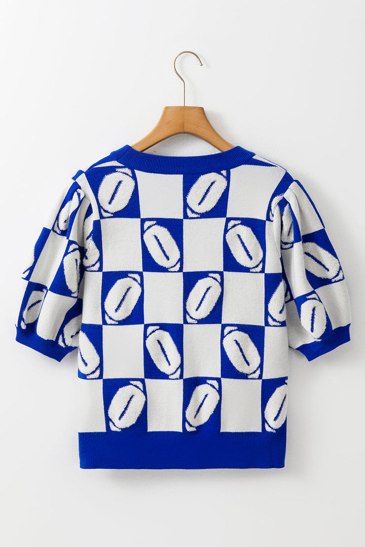 Rugby Plaid Color Block Puff Short Sleeve Sweater