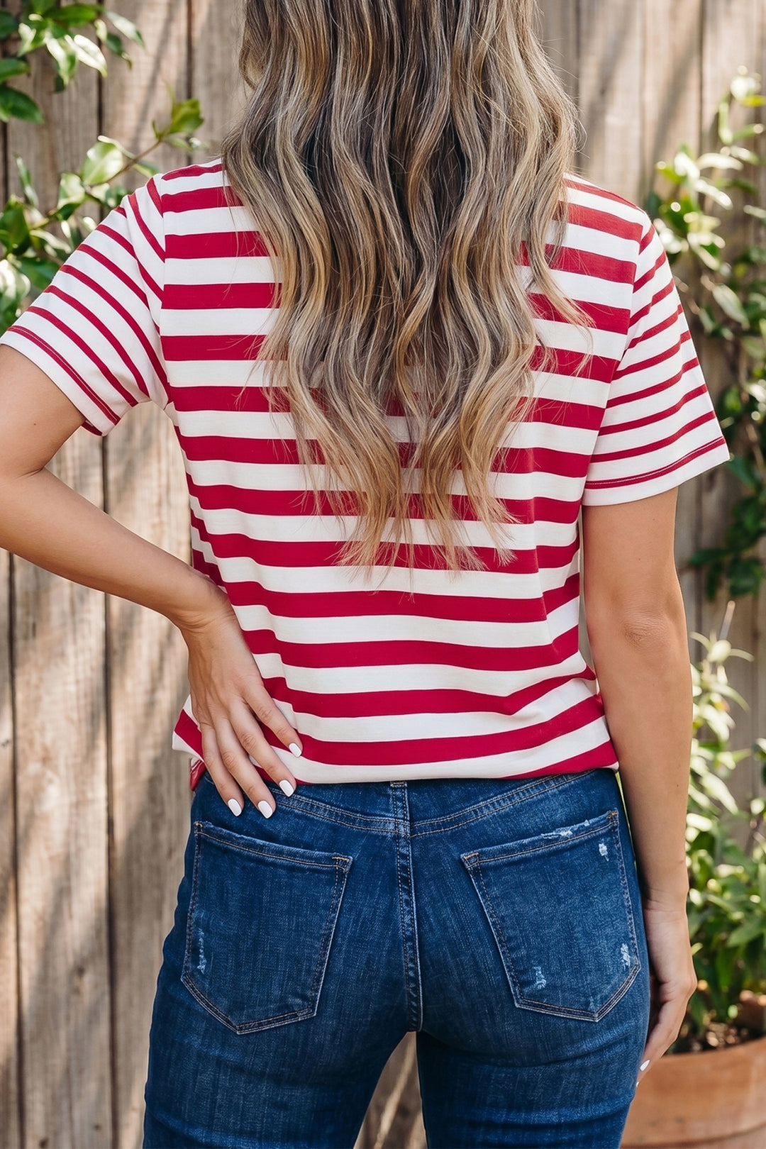 Red Stripe Patchwork Round Neck Short Sleeve T Shirt