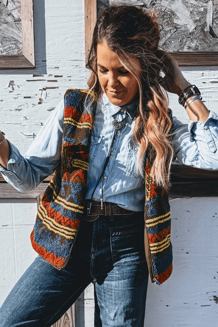 Multicolour Western Print Faux Fur Metal Zipper Insert Pockets Vest