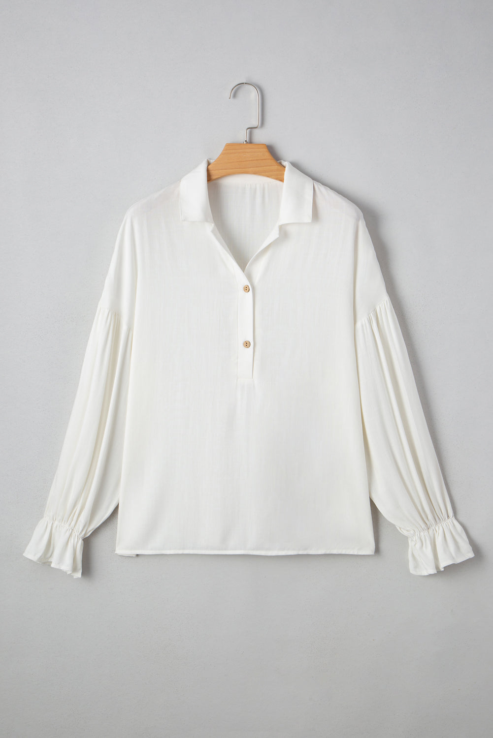 White Ruffle Elastic Cuffs Puffy Long Sleeve Button Down Shirt