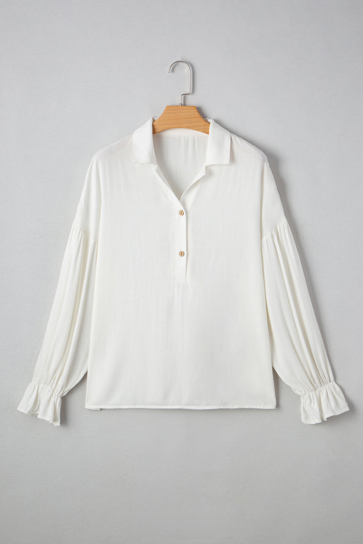 White Ruffle Elastic Cuffs Puffy Long Sleeve Button Down Shirt