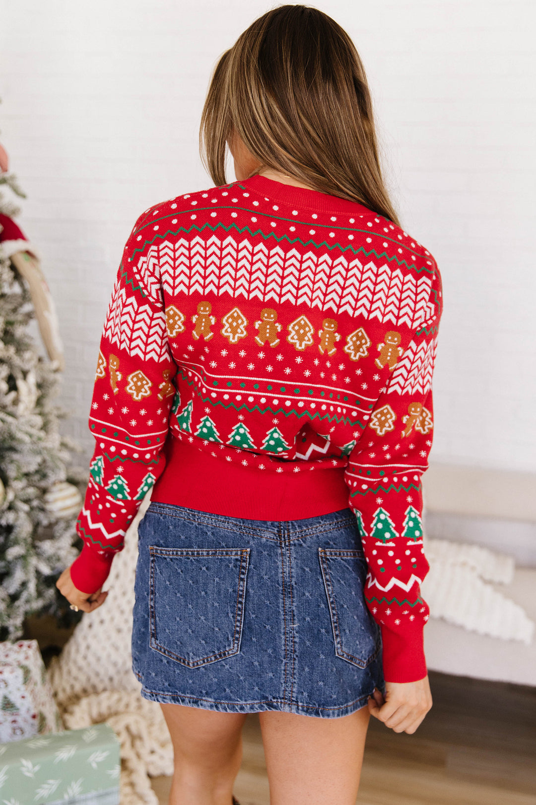 Multicolour Gingerbread Christmas Tree Pattern Round Neck Pullover Sweater