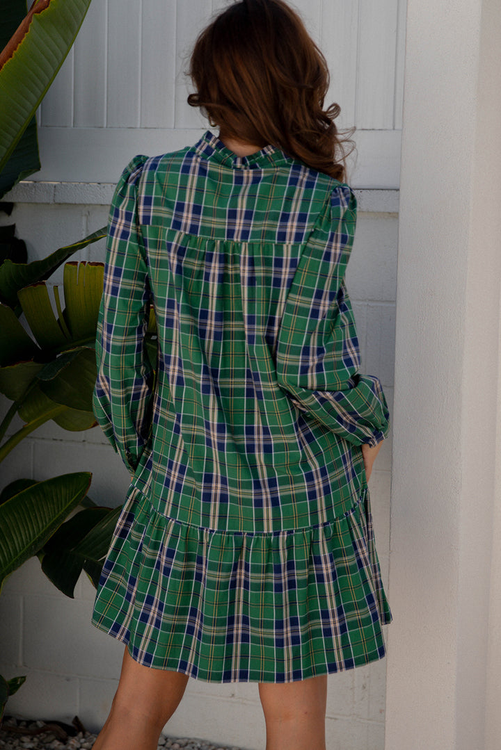 Plaid Print Frilly Collar Long Sleeve Shift Mini Dress