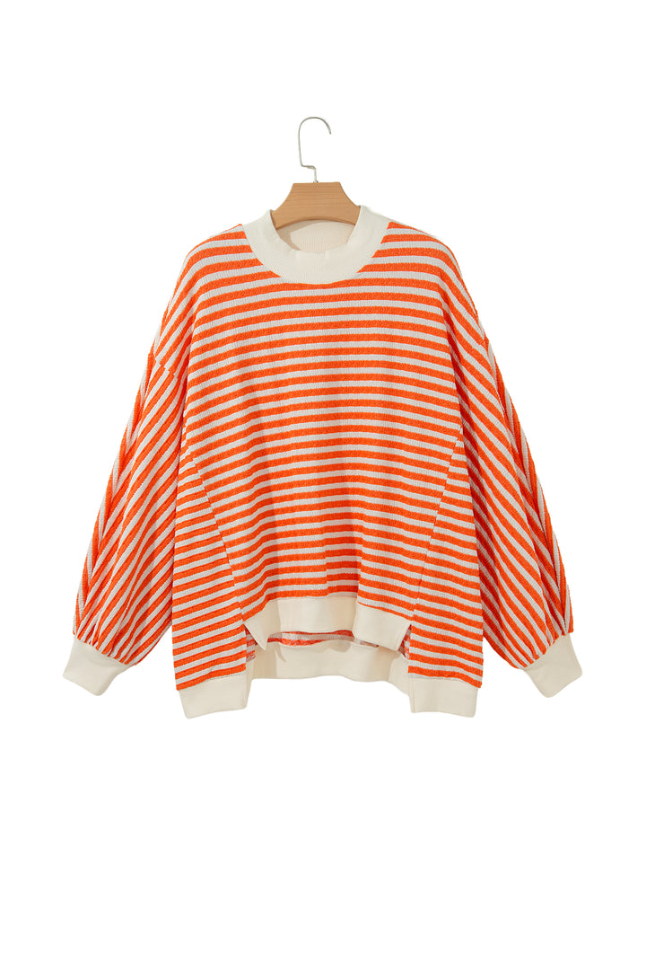 Orange Stripe Striped Textured Stand Neck Oversized Long Sleeve Top
