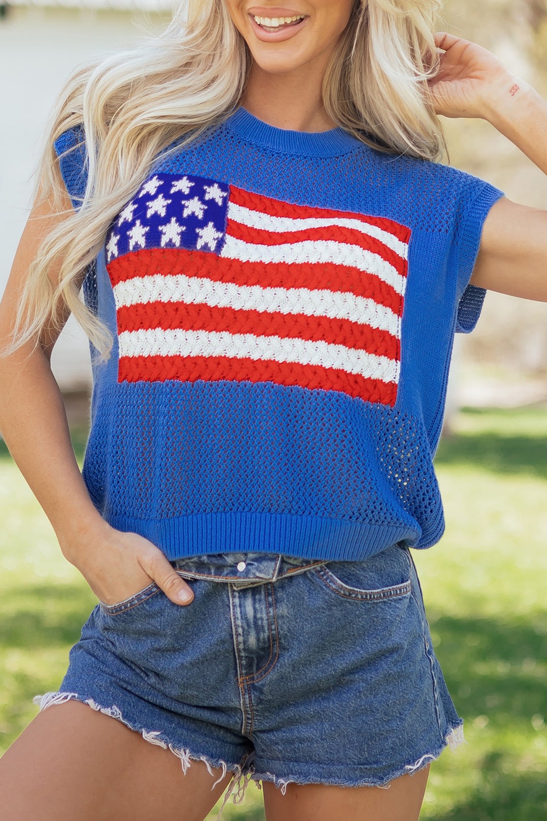 Sky Blue Flag Graphic Short Sleeve Sweater Top